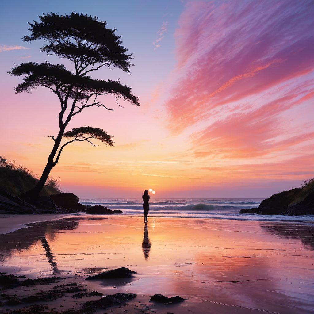 A tranquil landscape blending serene nature with abstract sound waves, featuring silhouettes of diverse individuals engaging in inclusive entertainment, such as storytelling or dance. Incorporate visual representations of vibrations and textures, with soft pastel colors to evoke harmony and peace. Capture an atmosphere of connection and joy in an immersive setting. super-realistic. vibrant colors. soft focus.