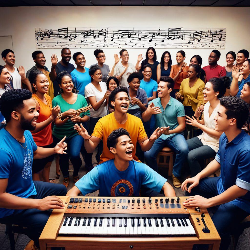 A diverse group of deaf individuals of varying ethnicities immersed in an engaging music technology workshop, surrounded by colorful soundwaves visualized around them, symbolizing the connection between music and culture. Include musical instruments that reflect different cultures, with vibrant colors and modern technology elements. The scene radiates joy and inclusivity in a lively setting. super-realistic. vibrant colors. 3D.